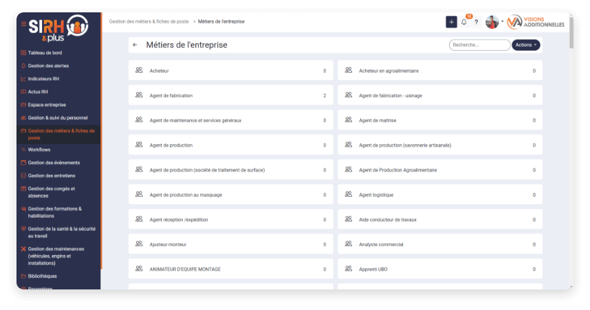 Fonctionnalité Gestion des métiers et fiches de poste