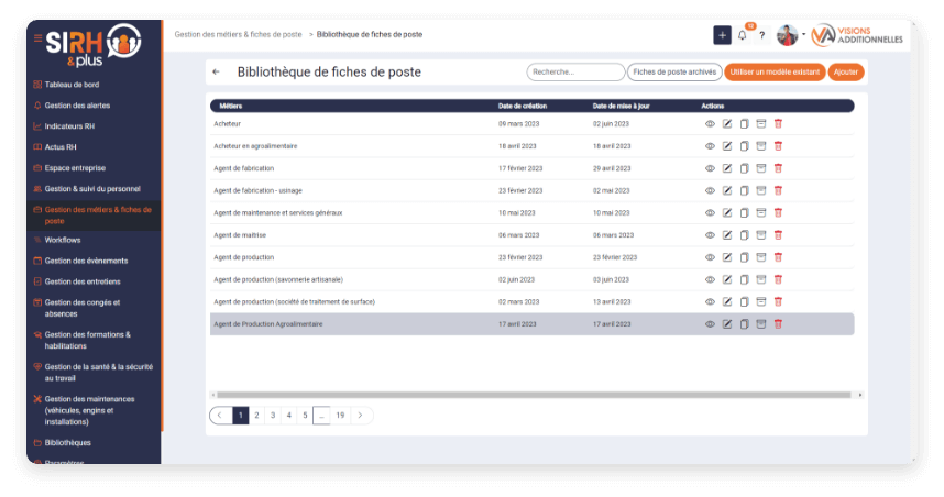 Fonctionnalité Gestion des métiers et fiches de poste